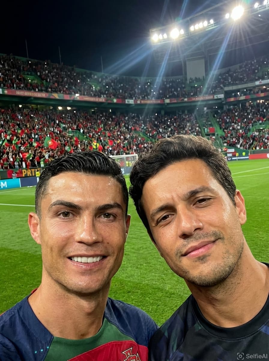 Selfie gerada por IA com Cristiano Ronaldo no cenário Estádio de Futebol