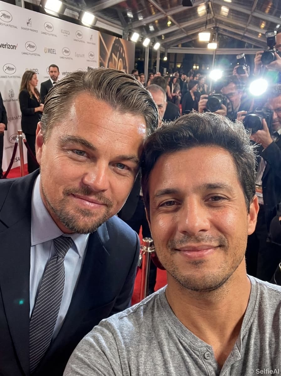 Selfie gerada por IA com Leonardo DiCaprio no cenário Tapete Vermelho