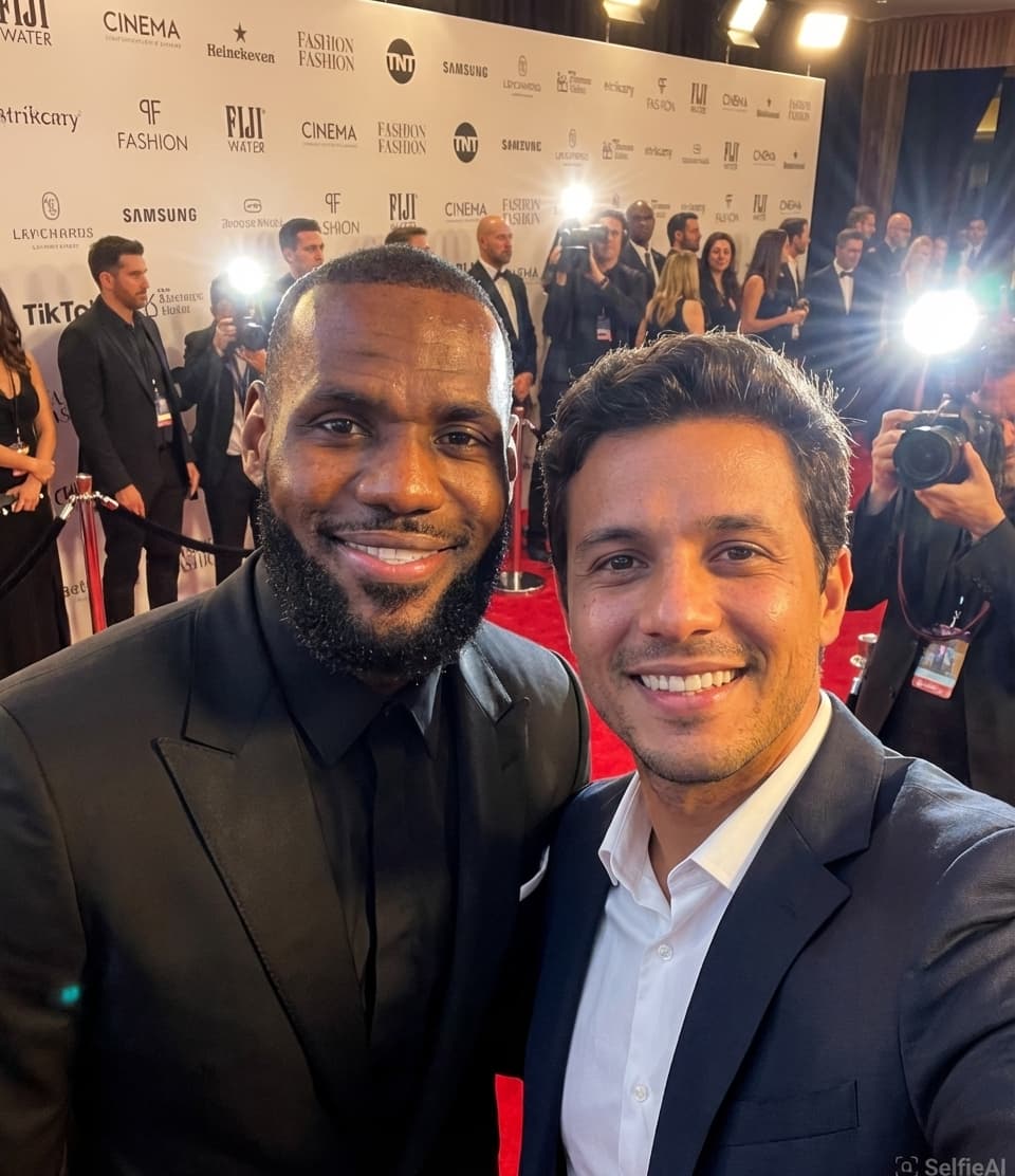AI-generated Selfie with LeBron James in Arena scene