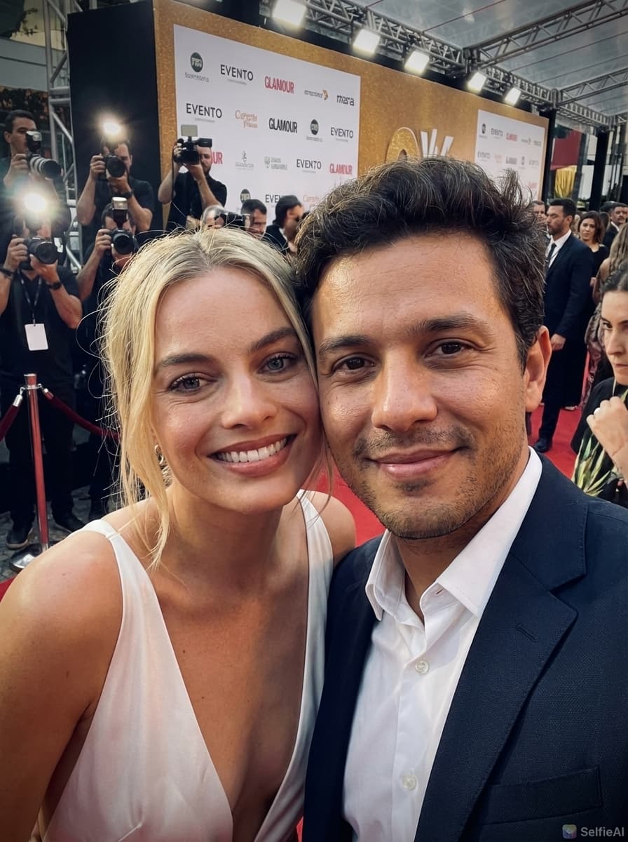 AI-generated Selfie with Margot Robbie in Red Carpet scene