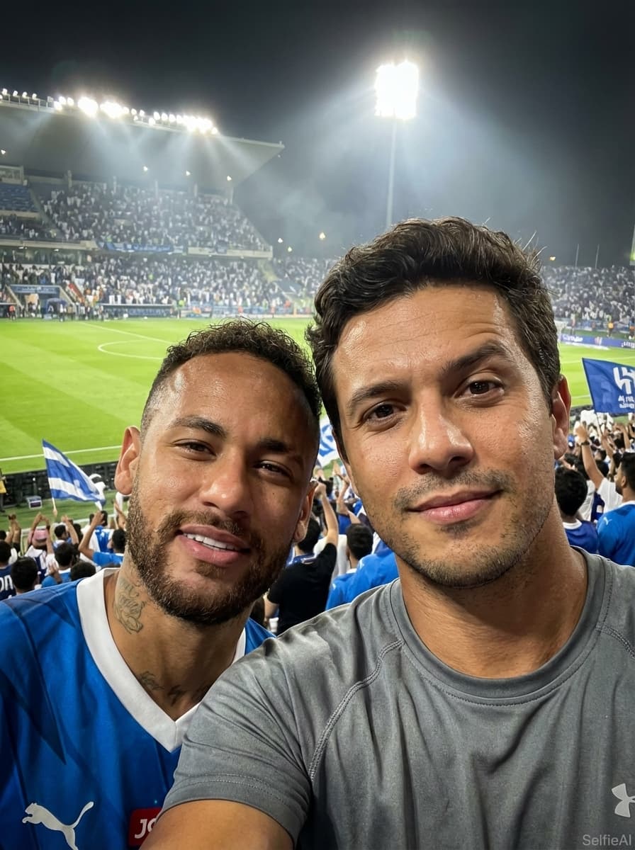 Selfie gerada por IA com Neymar Jr. no cenário Estádio de Futebol