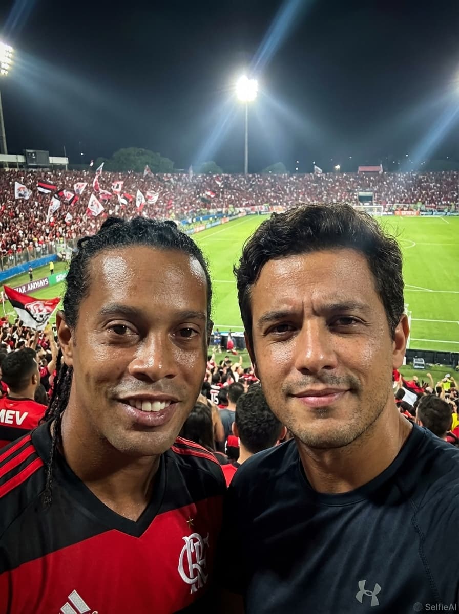 Selfie gerada por IA com Ronaldinho Gaúcho no cenário Estádio de Futebol