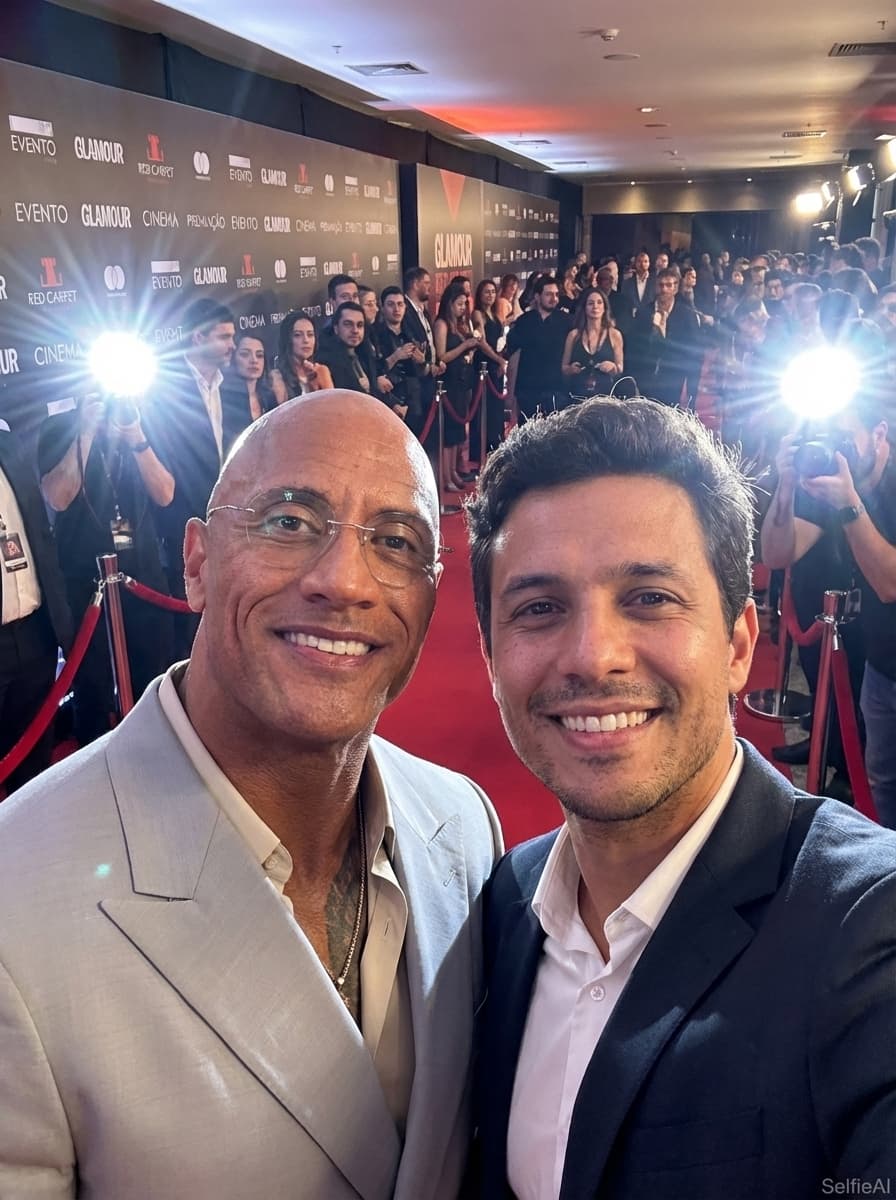 Selfie gerada por IA com The Rock no cenário Academia